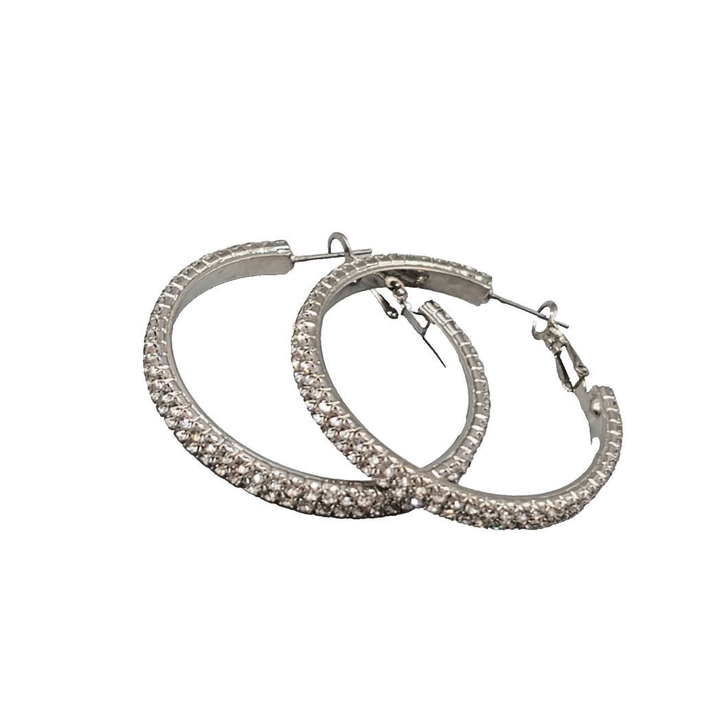 Rhinestone Studded Round Hoops Pierced Earrings Silver tone 1.5 in