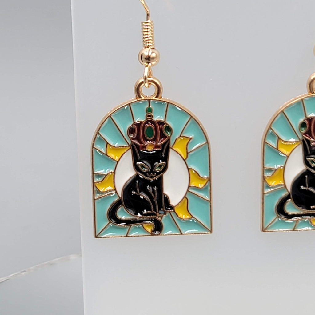 Kitty Cat in the Sun Enamel Pierced Earrings Gold tone Dangle 1 1/8"