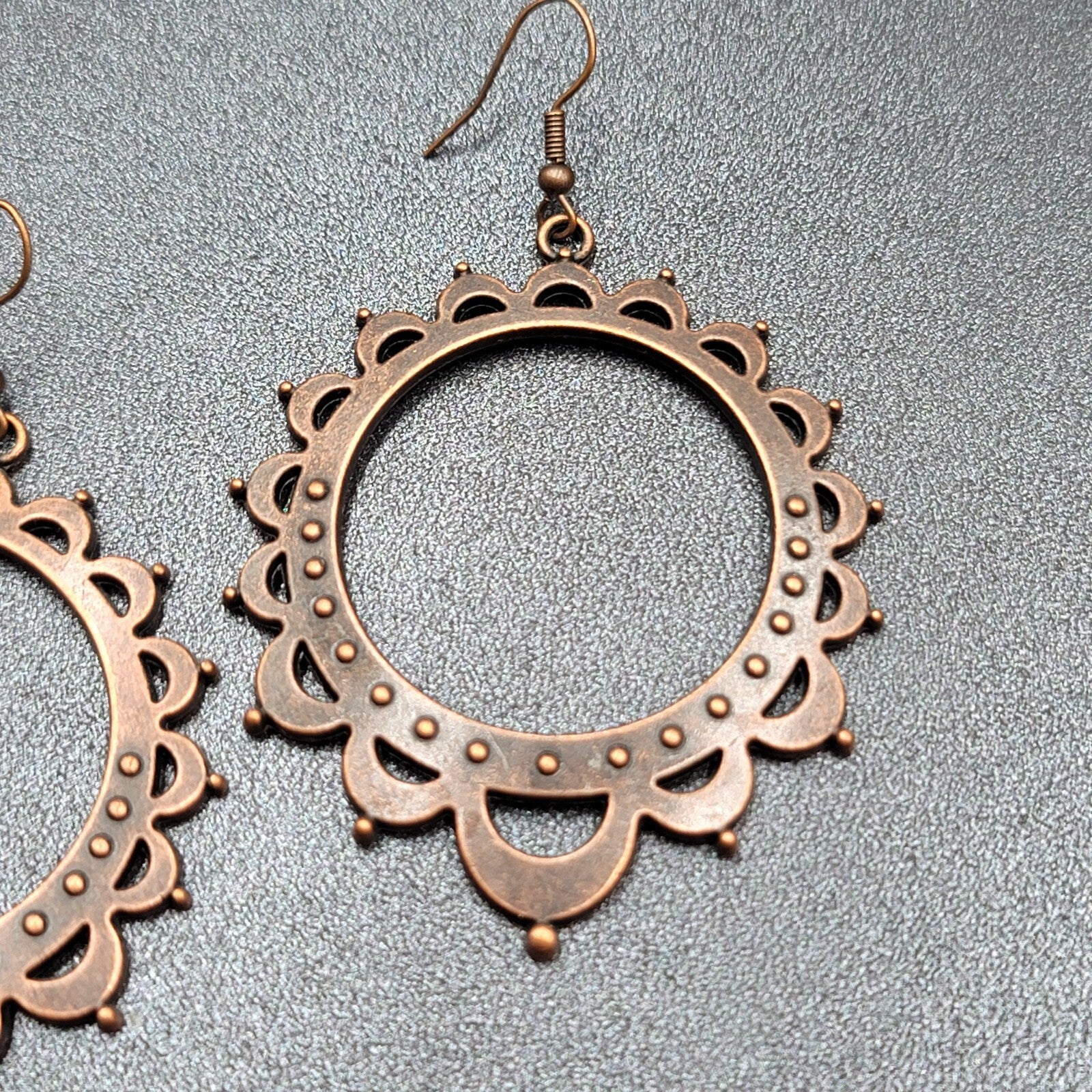 Boho Pierced Earrings Bronze tone Hoop Dangle 2.25"