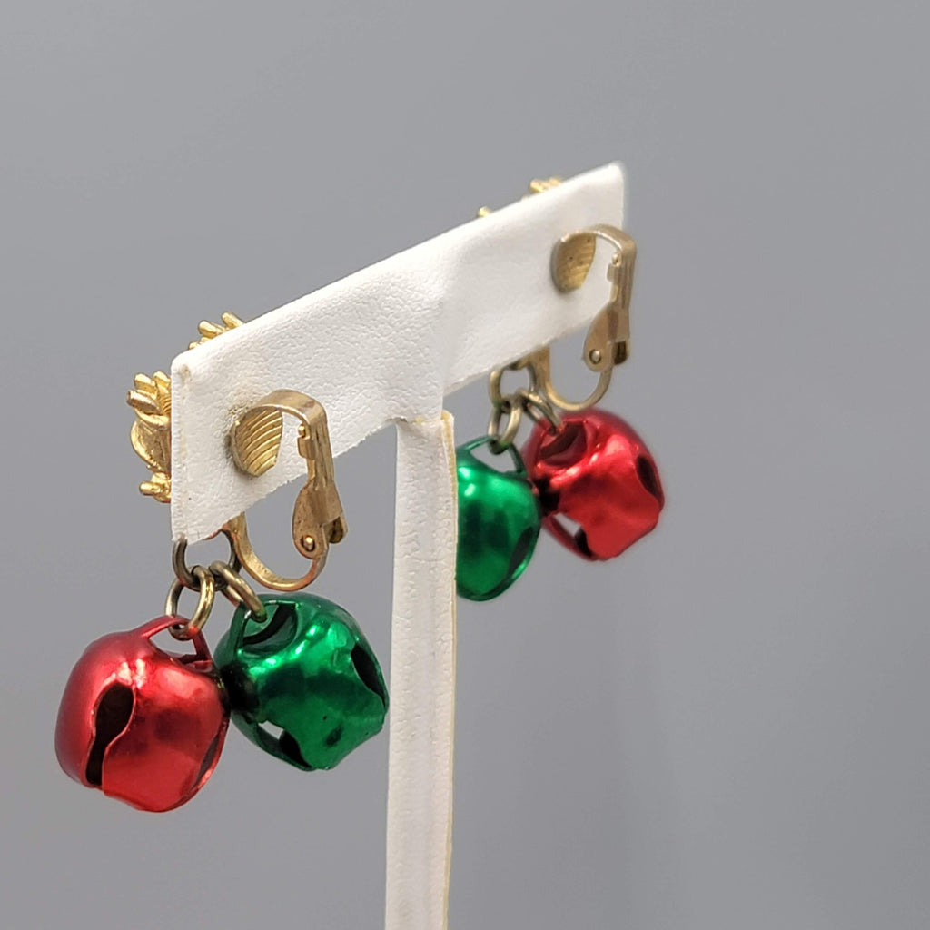 Vintage Christmas Bow Bells Clip on Earrings Gold tone Dangle 1.5"