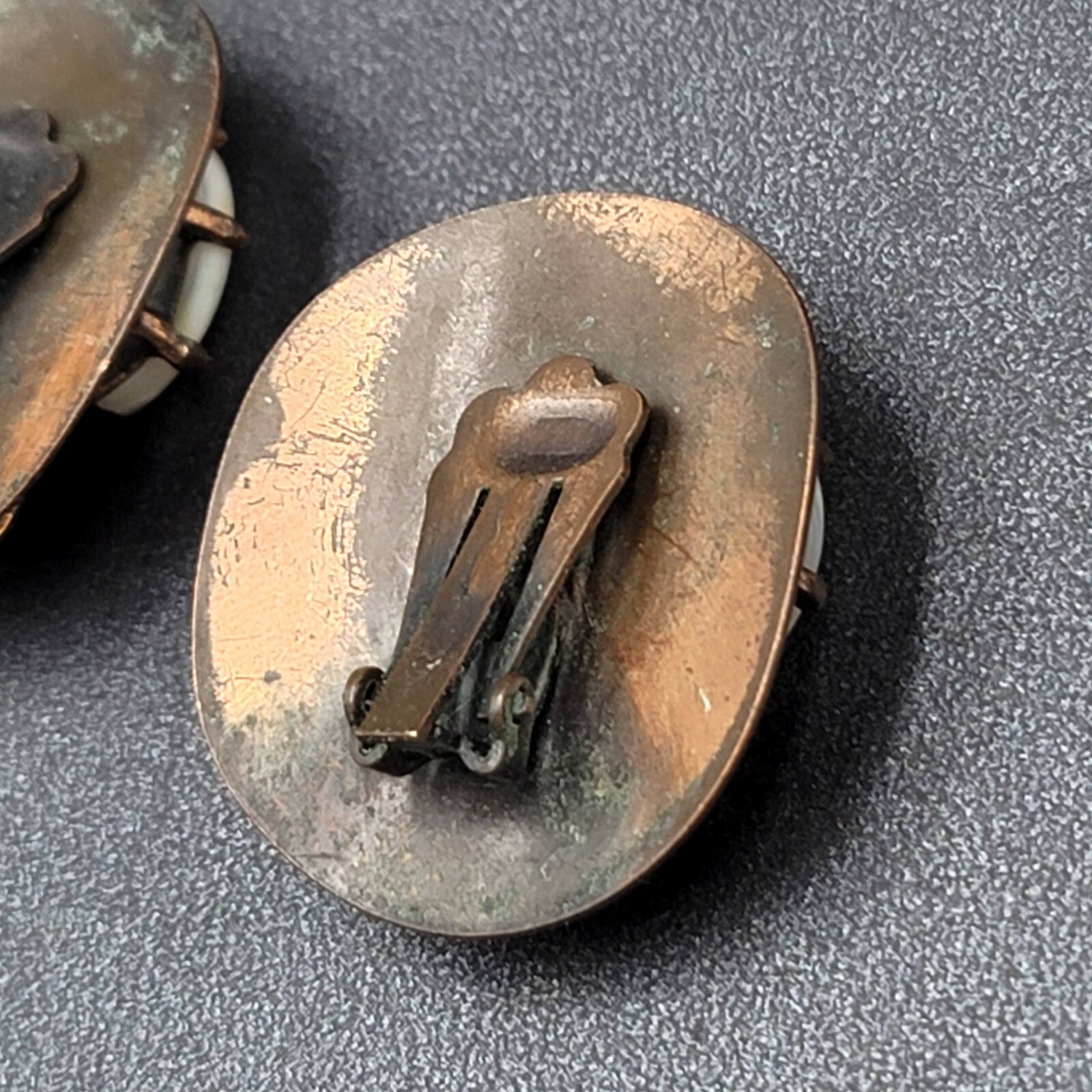 Vintage Clip on Earrings Copper Plated Mother of Pearl Accents Modernist 1.25"