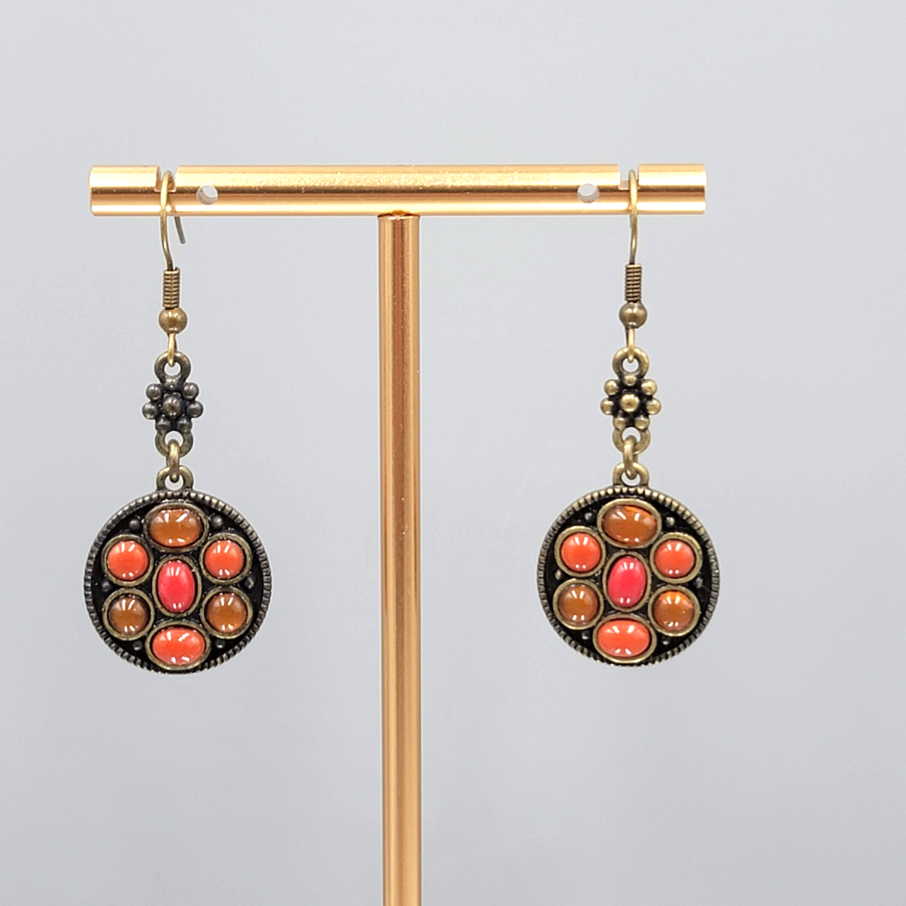 Orange Cabochon Pierced Earrings Bronze tone Dangle Round 1 1/8 in