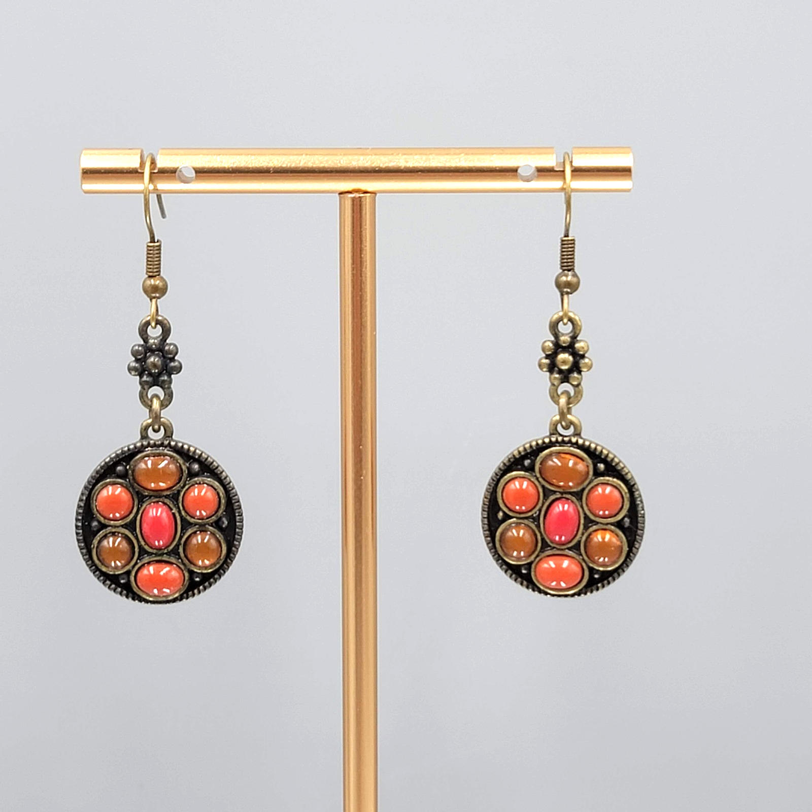 Orange Cabochon Pierced Earrings Bronze tone Dangle Round 1 1/8 in