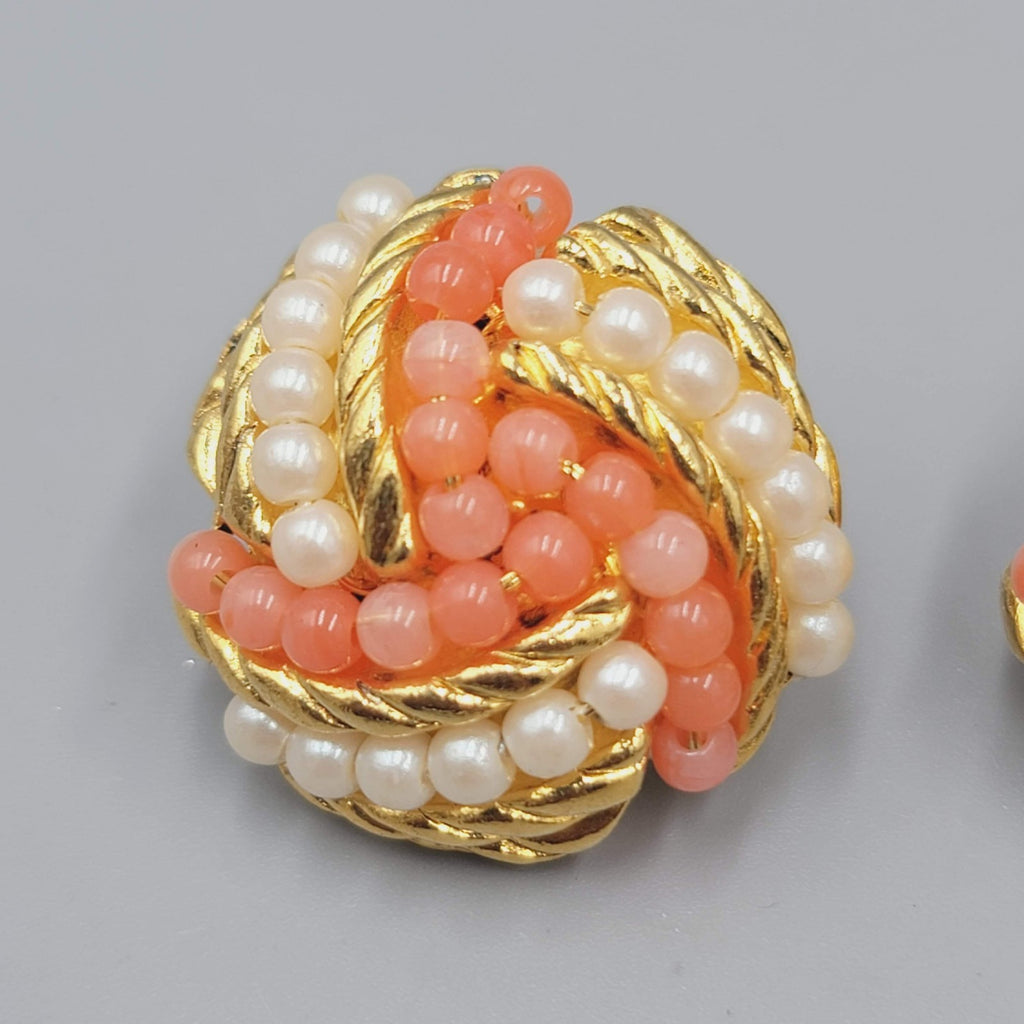 Vintage Avon Clip on Earrings Gold tone Pink White Bead Drop 1"