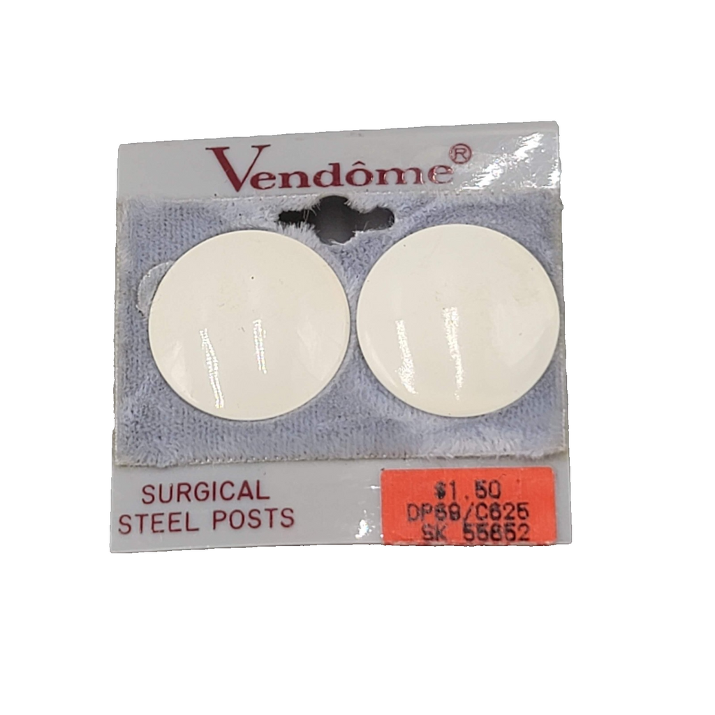 Vintage Vendome Pierced Earrings NOS NWT White Enamel Round Drop 7/8 in