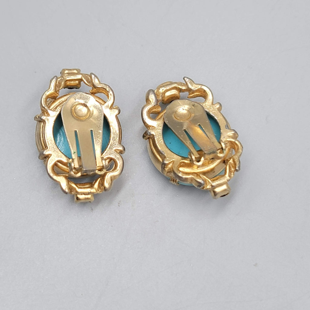 Vintage Blue Art Glass Clip on Earrings Gold tone Black Rhinestone 1.25 in
