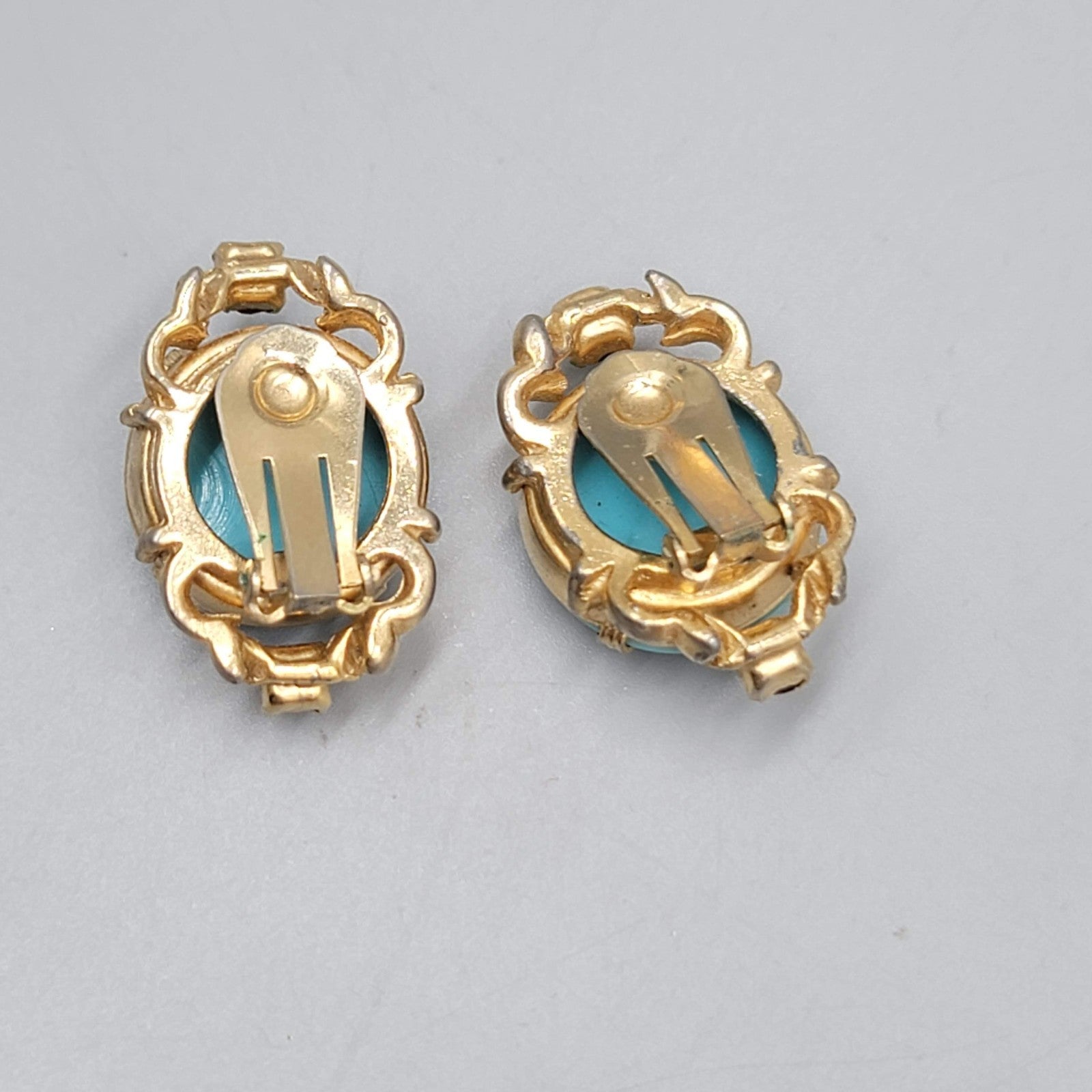 Vintage Blue Art Glass Clip on Earrings Gold tone Black Rhinestone 1.25 in