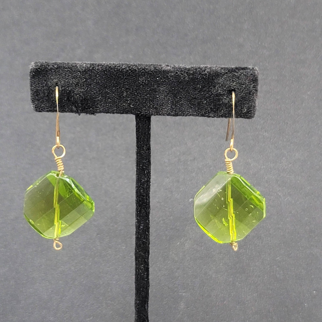 Pierced Earrings Copper tone Green Art Glass Faceted Bead 1.25"