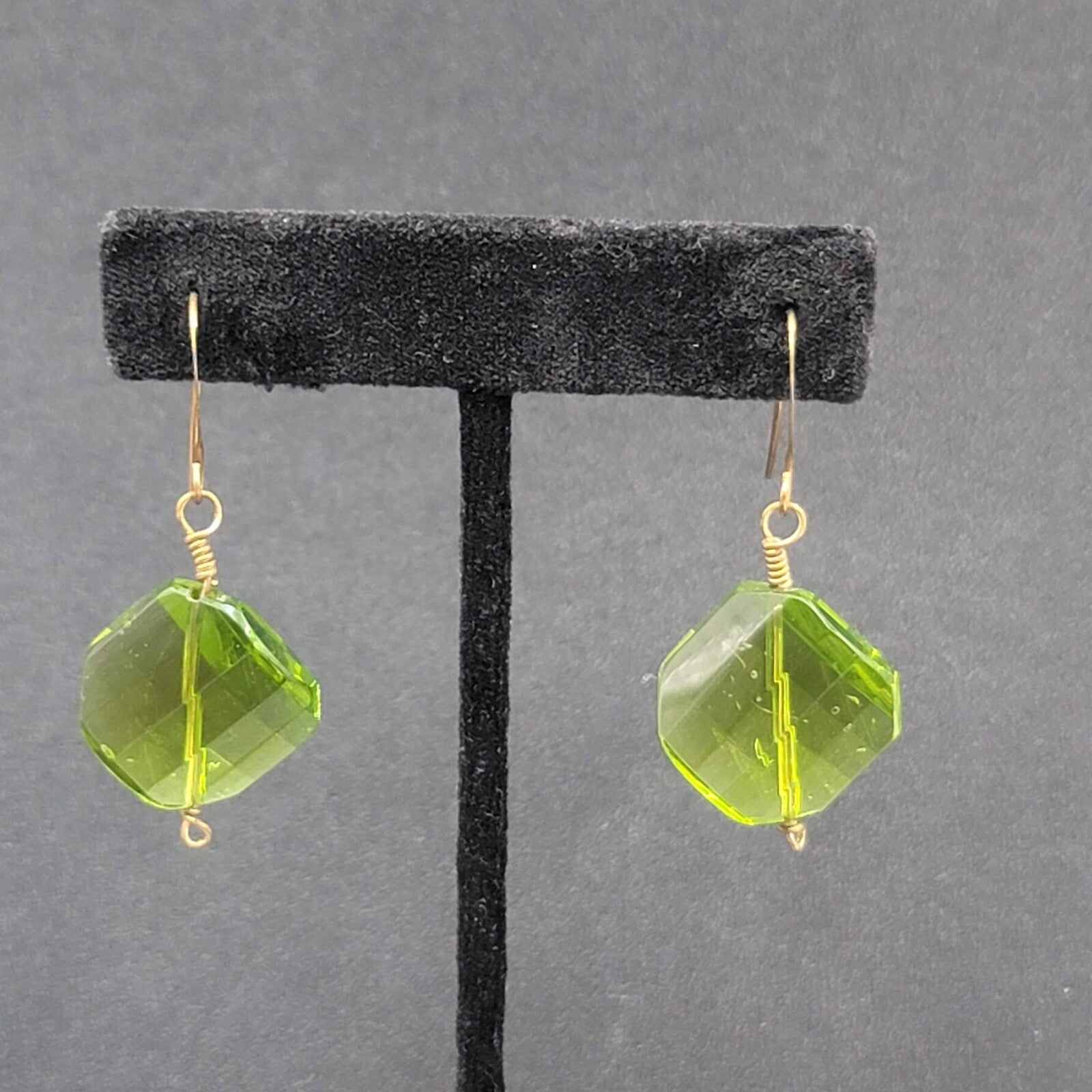 Pierced Earrings Copper tone Green Art Glass Faceted Bead 1.25"
