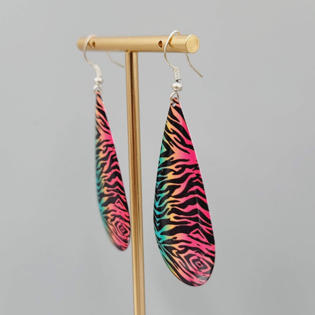 Statement Large Teardrop Pierced Earrings Multicolor Tiger Stripes 2.25"