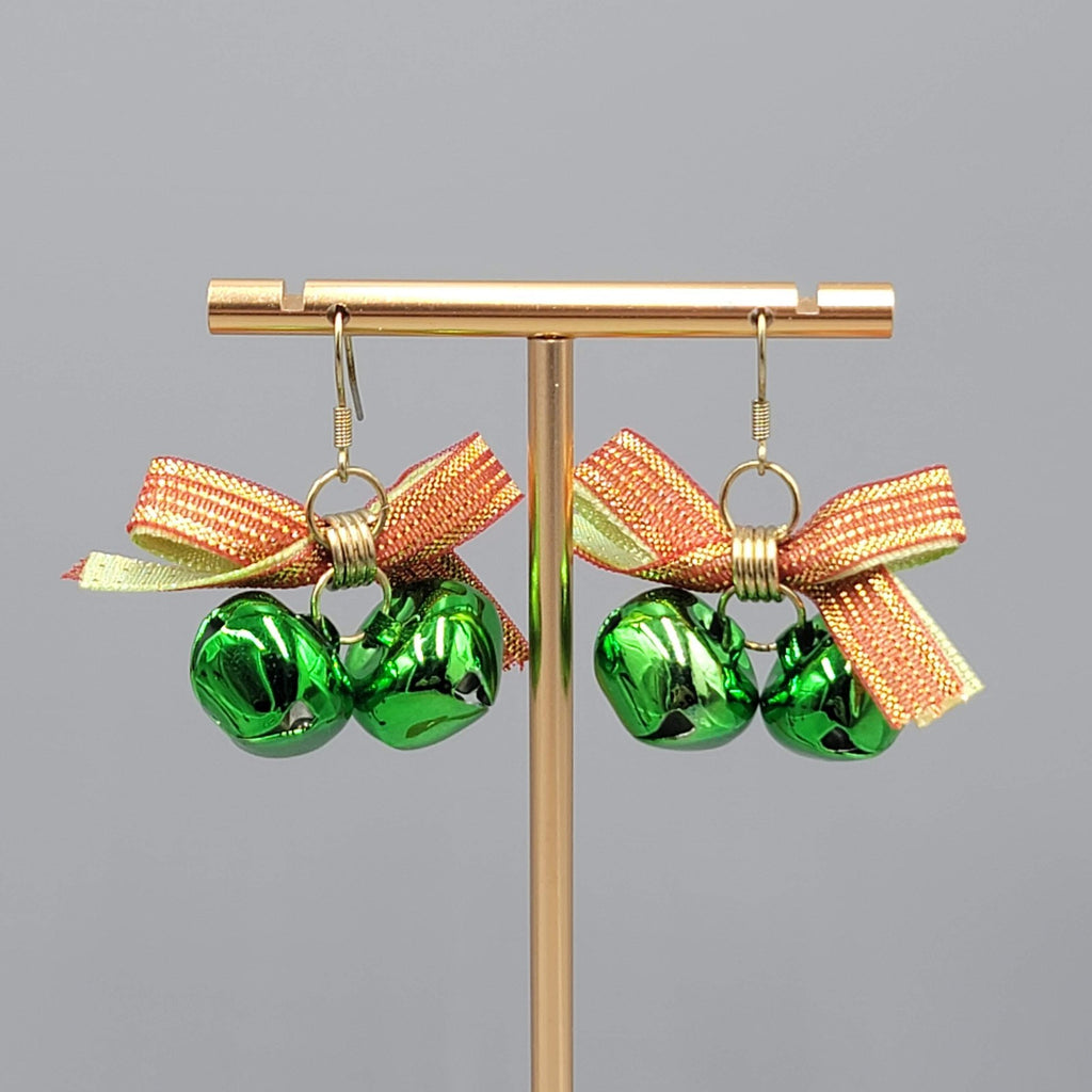 Christmas Jingle Bells Ribbon Pierced Earrings Gold tone Dangle 1 in