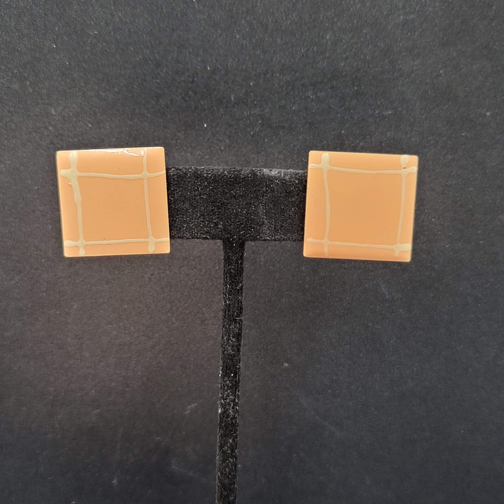 Vintage Pierced Earrings Peach Enamel Square Studs 7/8"