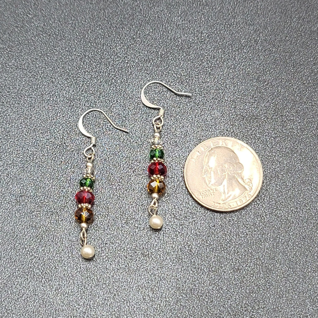 Pierced Earrings Green Red Yellow Crystal Bead Dangle Silver tone 1.25"