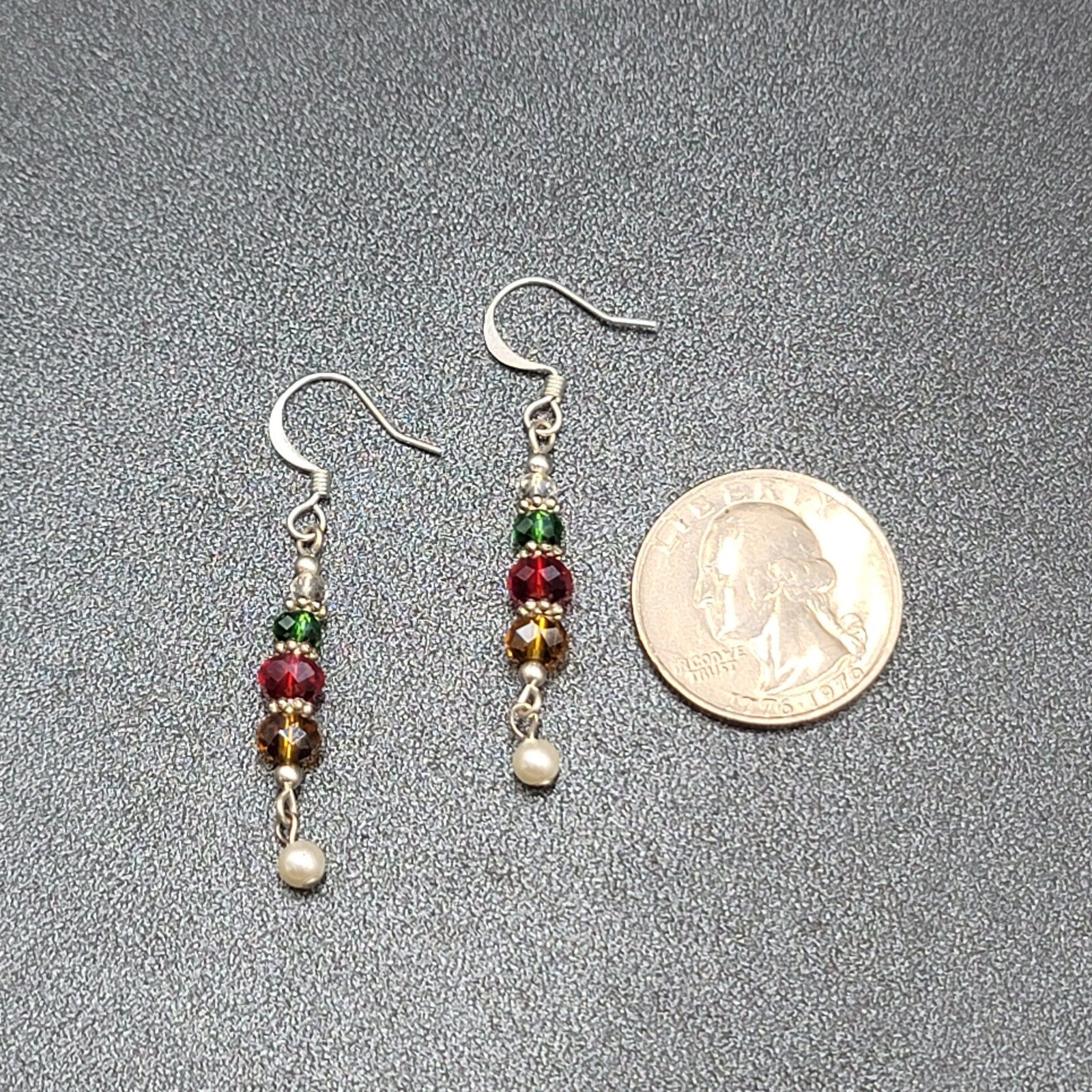 Pierced Earrings Green Red Yellow Crystal Bead Dangle Silver tone 1.25"