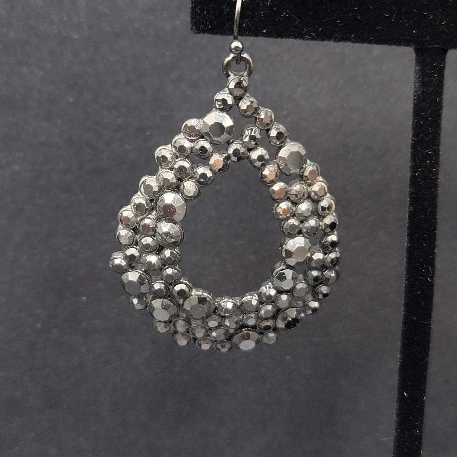 Pierced Earrings Black Metal Rhinestone Open Teardrop 1.75"