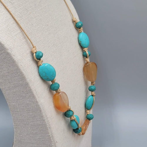 Cord Necklace Blue and Orange Semi-Precious Polished Gemstones 24"+