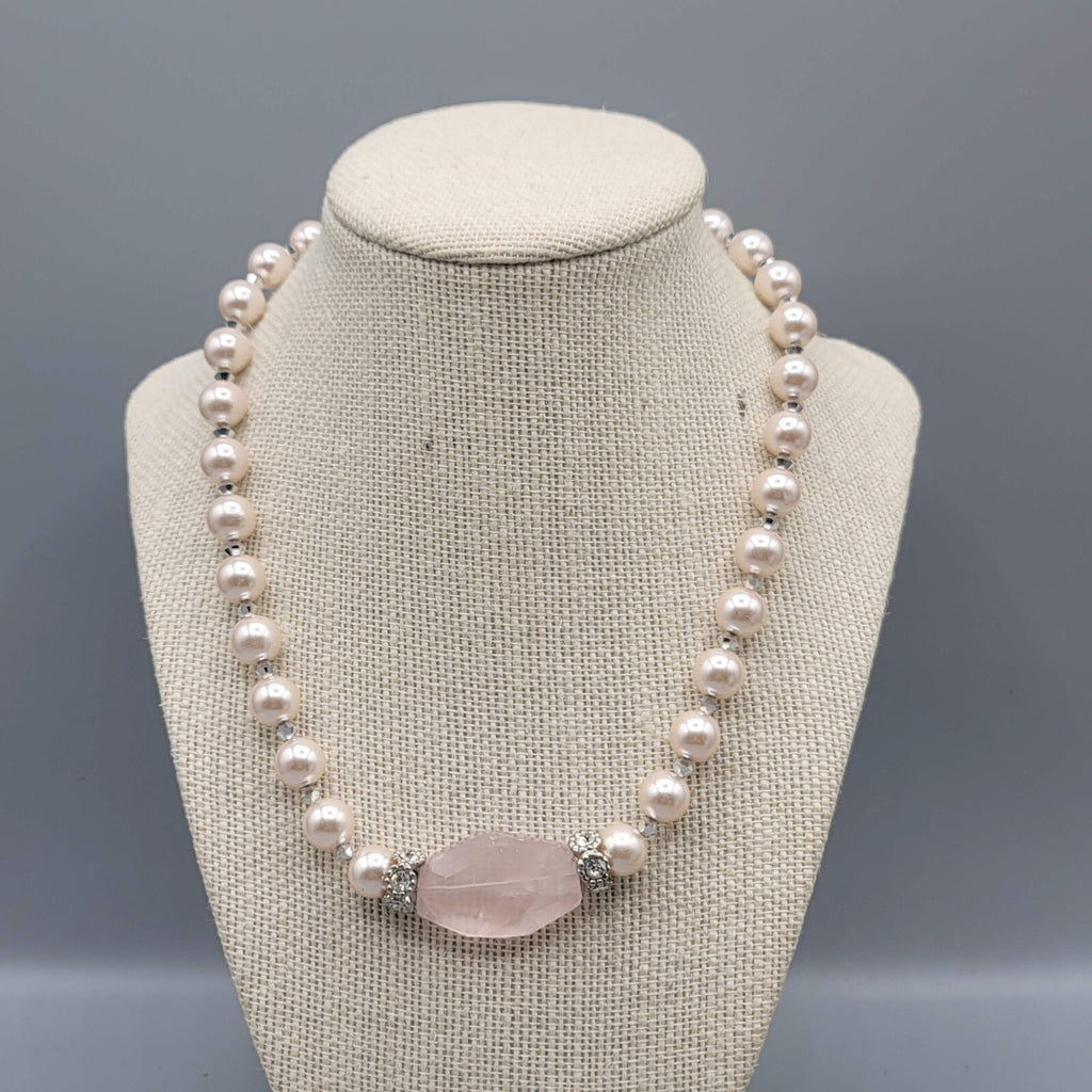 Pink Stone Bead Necklace Faux Pearl Silver tone Toggle Closure 18"
