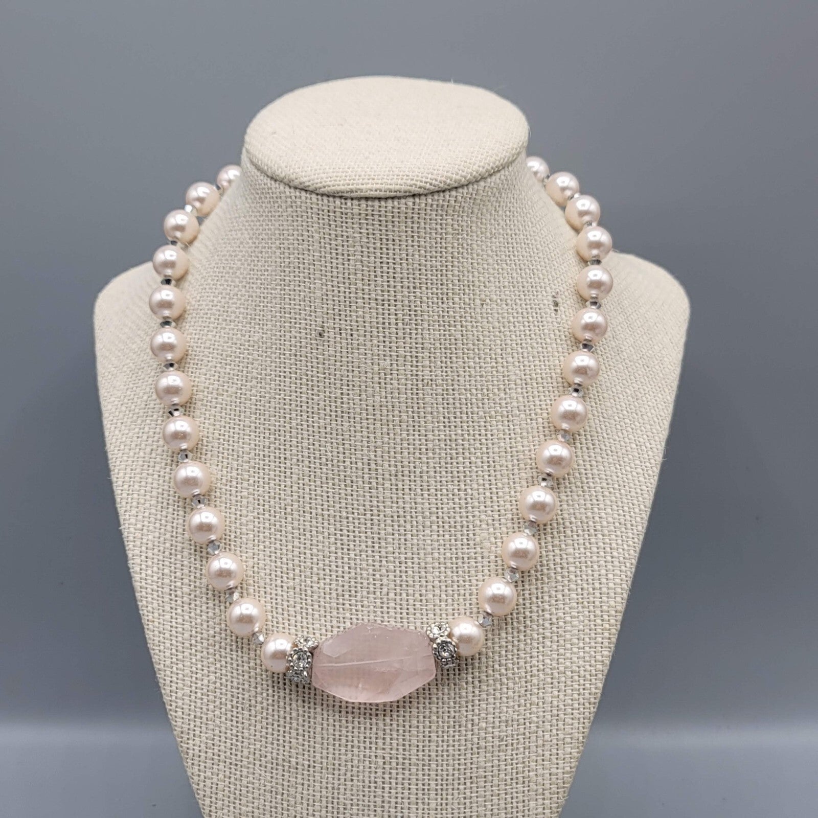 Pink Stone Bead Necklace Faux Pearl Silver tone Toggle Closure 18"