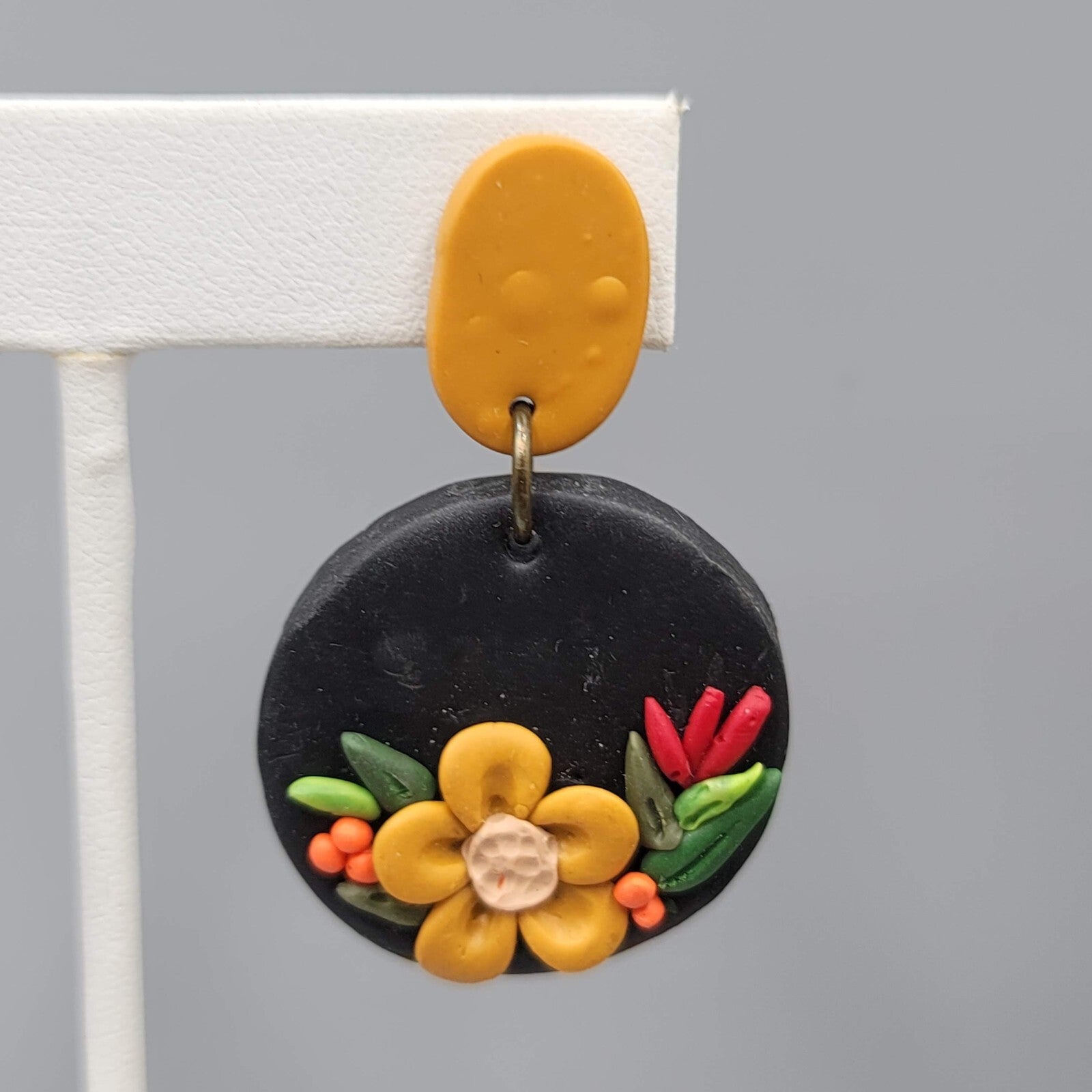 Polymer Clay Flower Pierced Earrings Tan Black Dangle Fall 1.75"