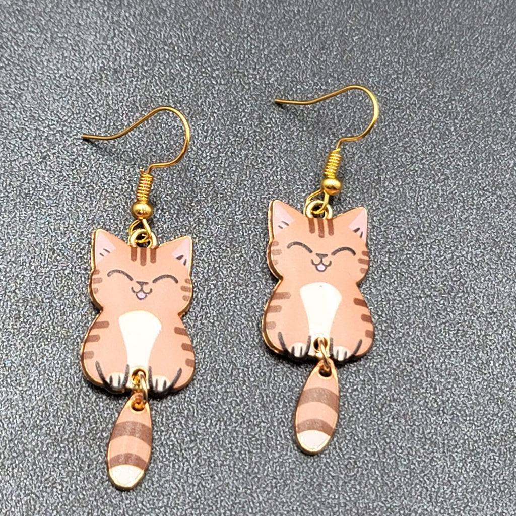 Tabby Kitty Cat Pierced Earrings Gold tone Dangle Tail 1.5"