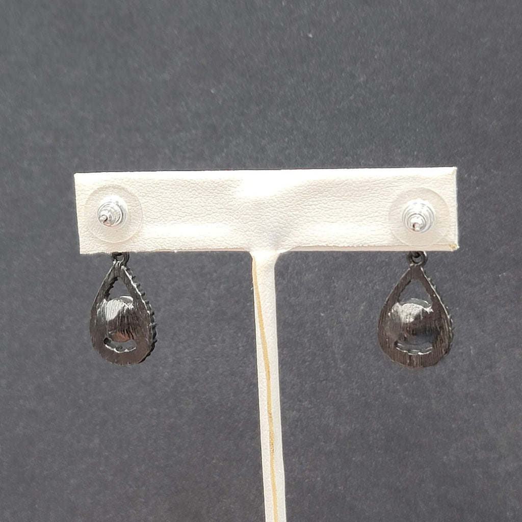 Pierced Earrings Black Metal Clear Rhinestone Teardrop Dangle 1.25"