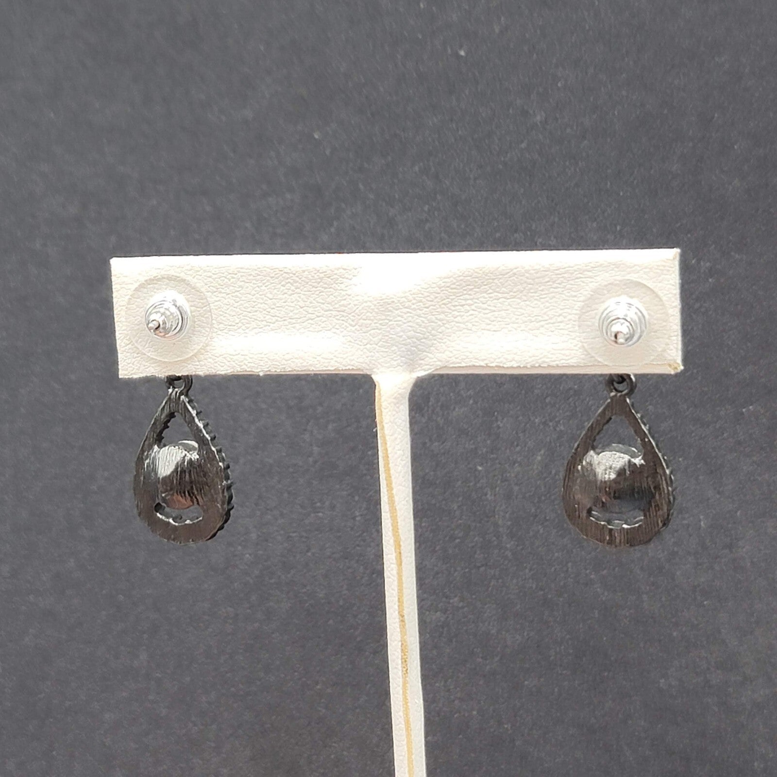 Pierced Earrings Black Metal Clear Rhinestone Teardrop Dangle 1.25"