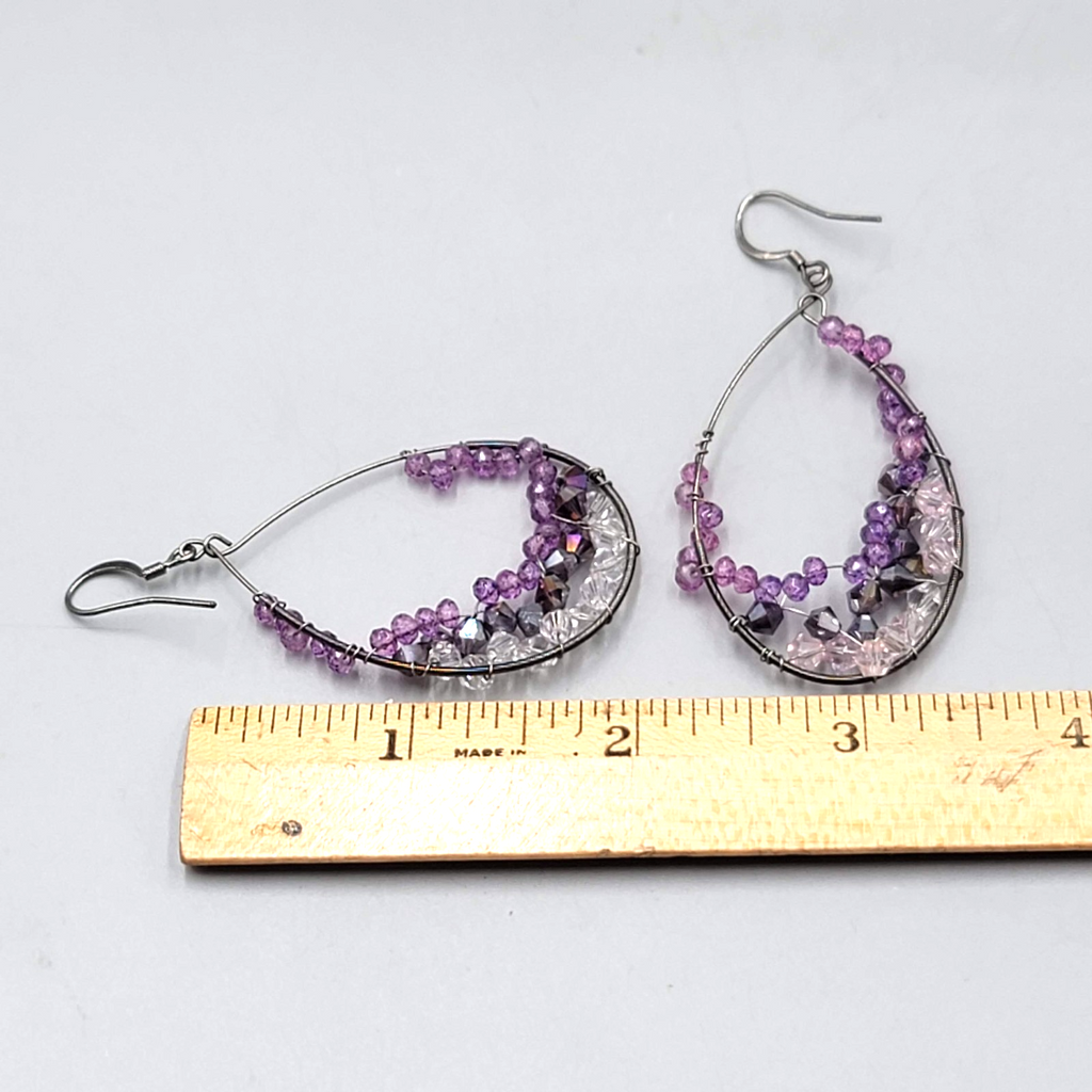Purple Pink Gray Crystal Wrapped Teardrop Hoops Pierced Earrings 2 in