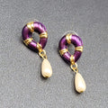 Vintage Pierced Earrings Purple Enamel Faux Pearl Teardrop Signed Dangle 1 3/8"