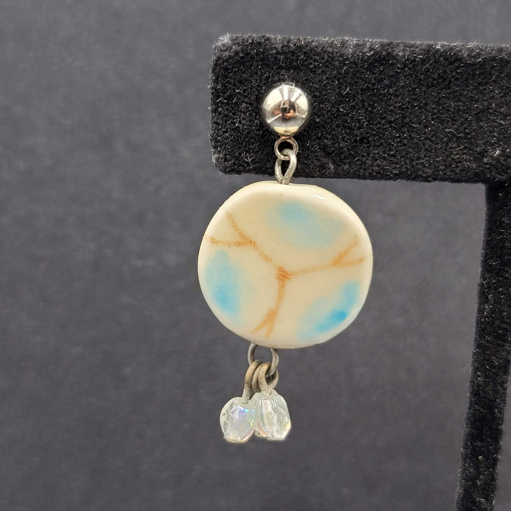 Pierced Earrings Silver tone Ceramic Pottery Bead White Blue 1.25"