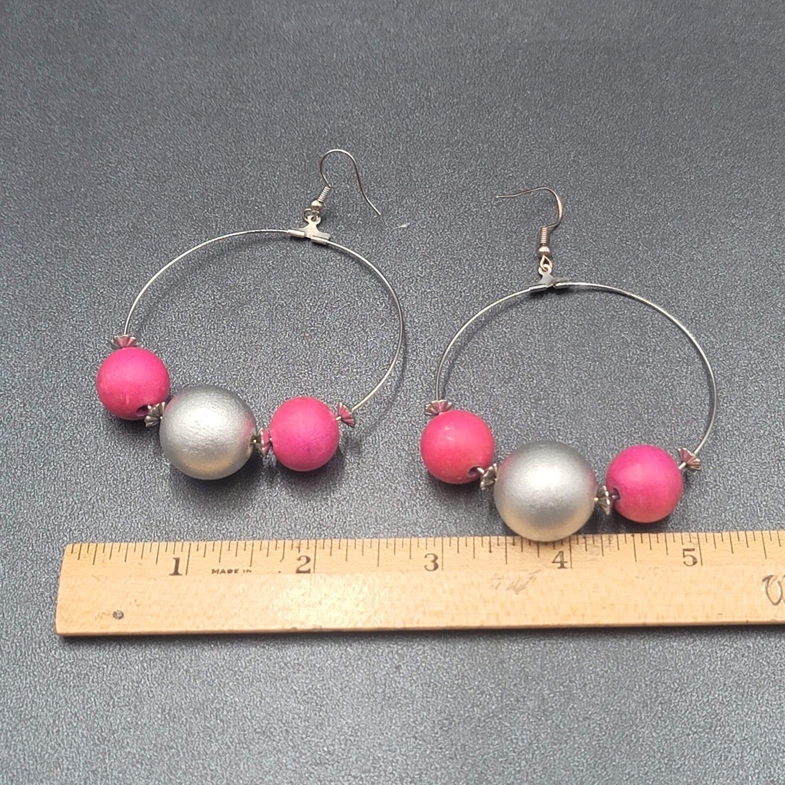 Pierced Earrings Large Silver tone Pink Silver tone Beaded Statement Hoops 2.5"