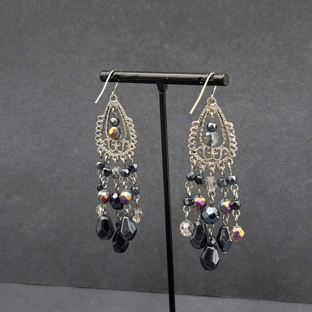 Pierced Earrings Silver tone Black AB Glass Beads Chandelier 3"