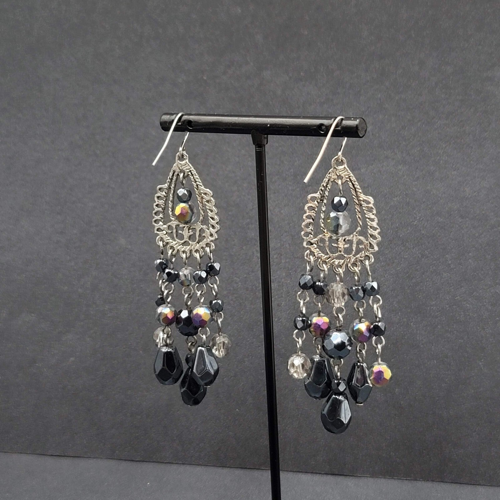 Pierced Earrings Silver tone Black AB Glass Beads Chandelier 3"