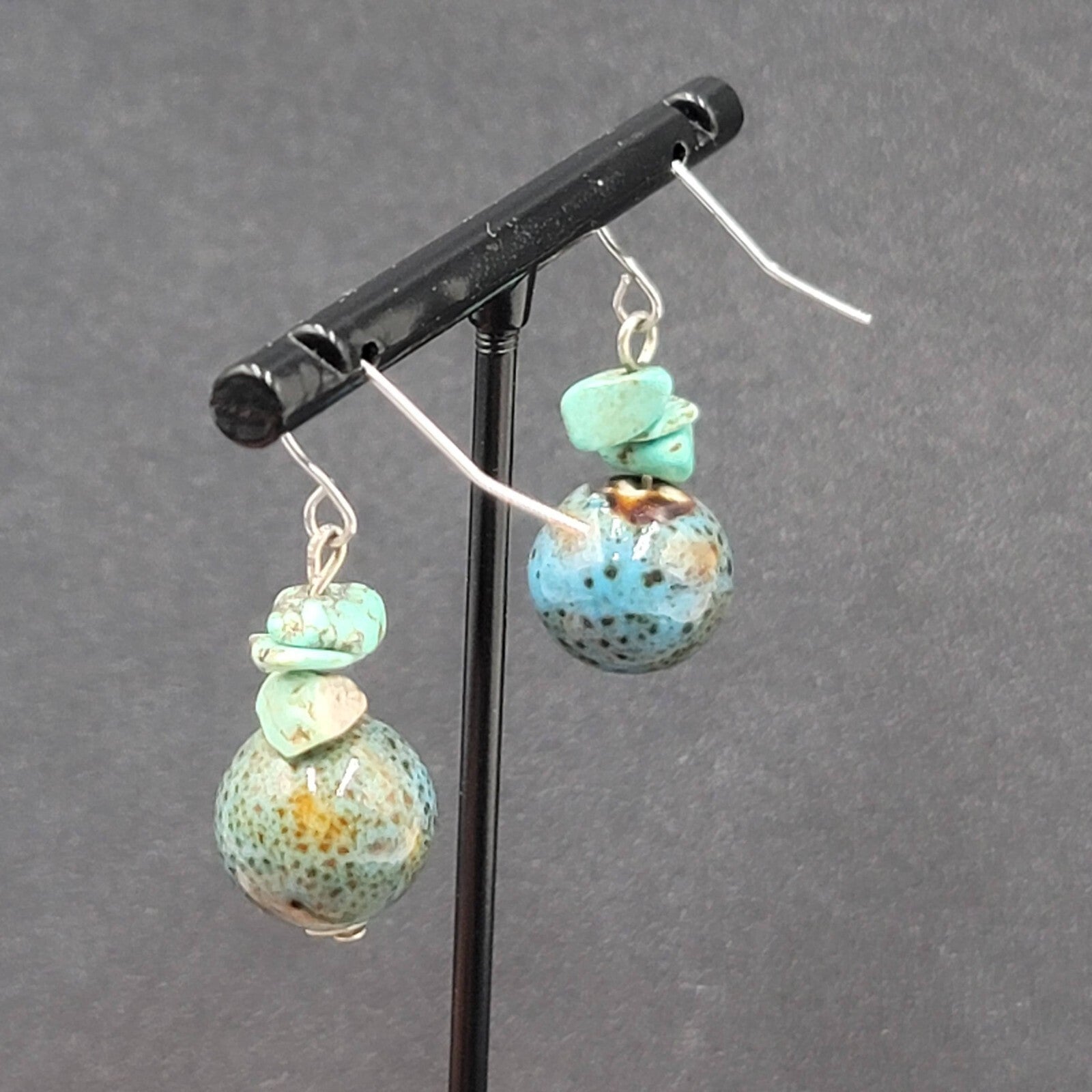 Pierced Earrings Silver tone Turquoise Bead Pottery Bead Dangle  1"