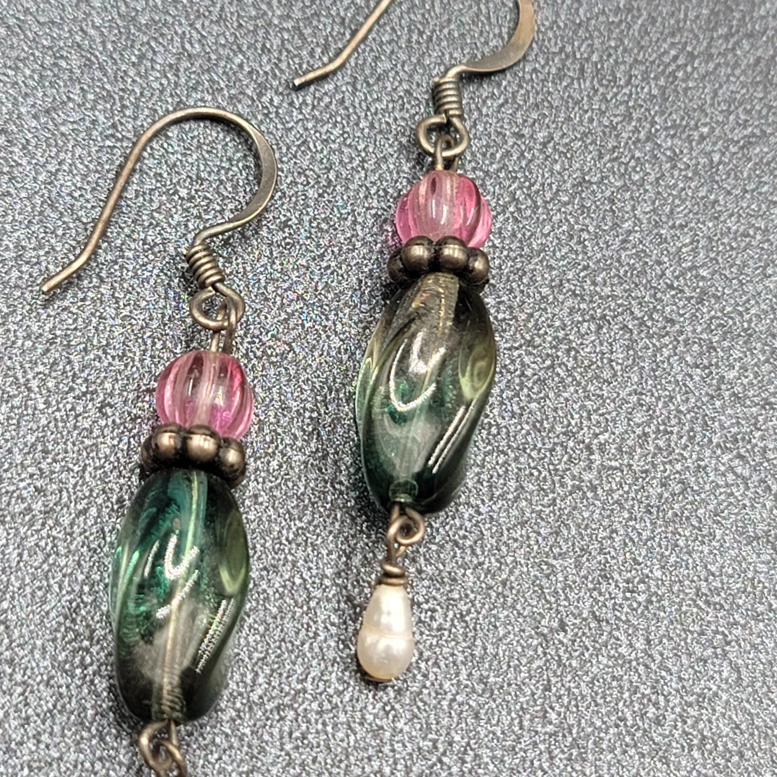 Art Glass Pearl Pierced Earrings Sterling Silver Beaded Dangle 1.25"