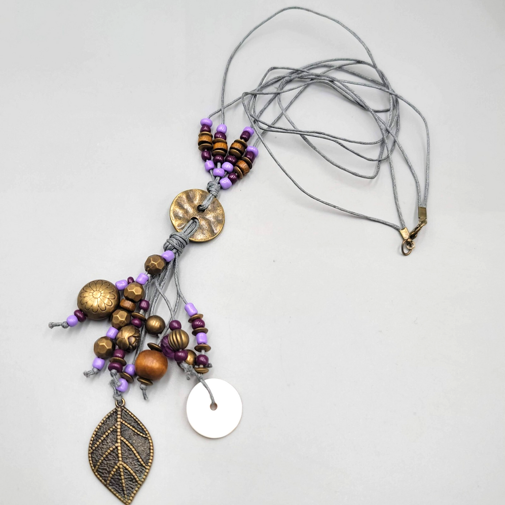Long Charm Y Drop Necklace Bronze tone Purple Bead Gray Cord 32"
