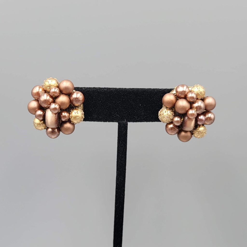 Vintage Japan Clip on Earrings Brown Cluster Bead Gold tone 7/8"