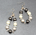 Pierced Earrings Black White Clear Beads Dangle Hoops Silver tone  1.75"