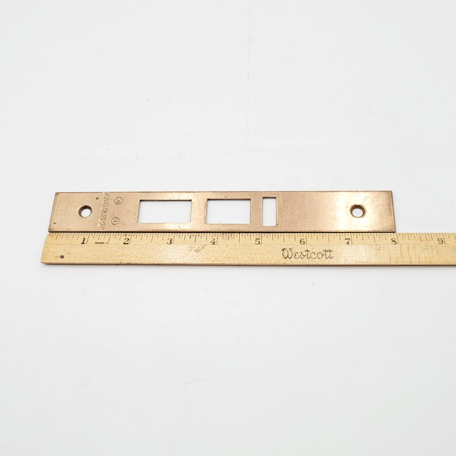 Antique Falcon Brass Door Strike Plate Single Only  Mortise 8" x 1" Reclaimed