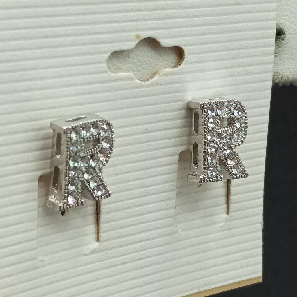 Pierced Earrings Silver tone Rhinestone Letter R Studs 1/2" New Old Stock