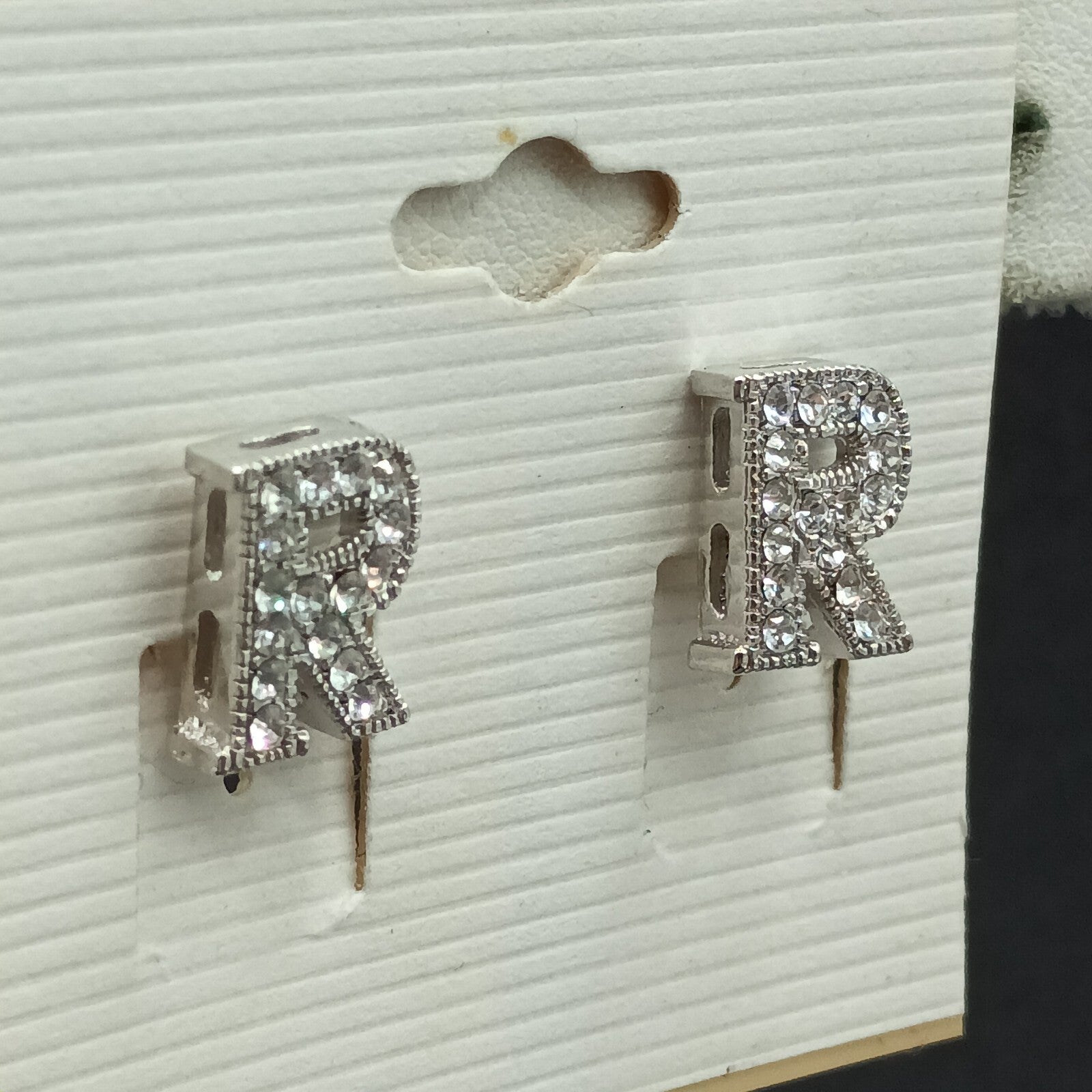 Pierced Earrings Silver tone Rhinestone Letter R Studs 1/2" New Old Stock
