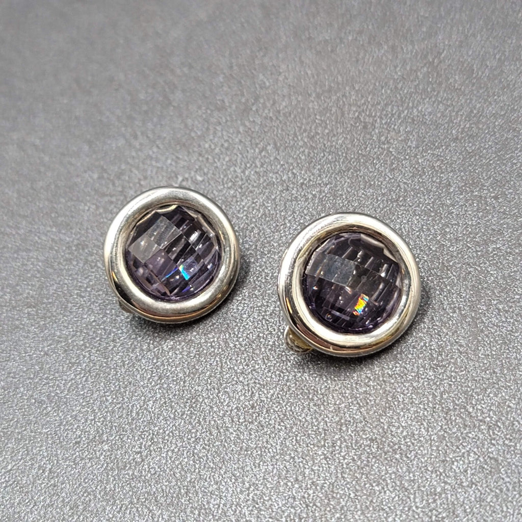 Clip on Earrings Silver tone Purple Faceted Round Stud 5/8"