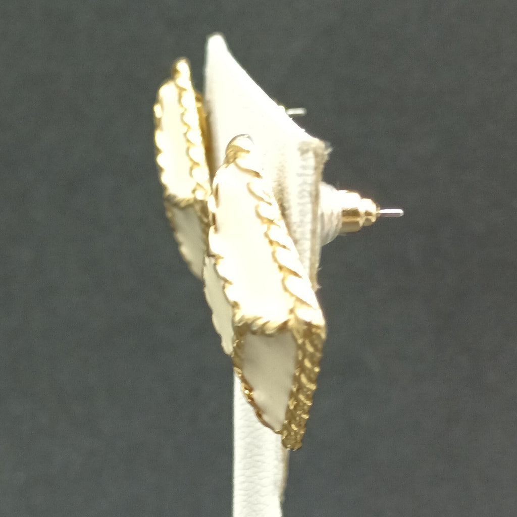 Vintage Pierced Earrings Gold Plated Cream Enamel Geometric Drop 1"
