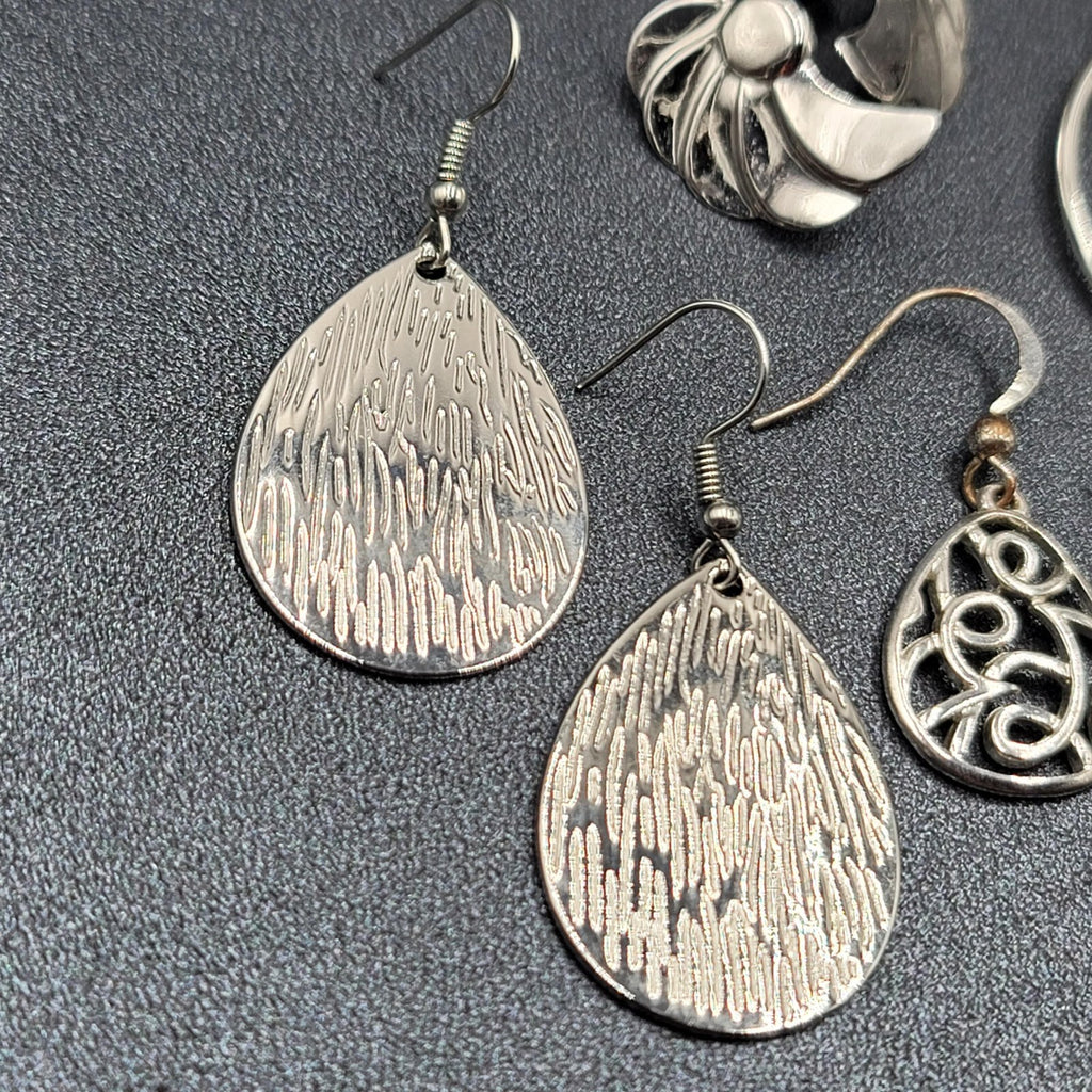 Lot of 7 Pierced Earrings Silver tone Teardrop Butterfly Hoops Wearable