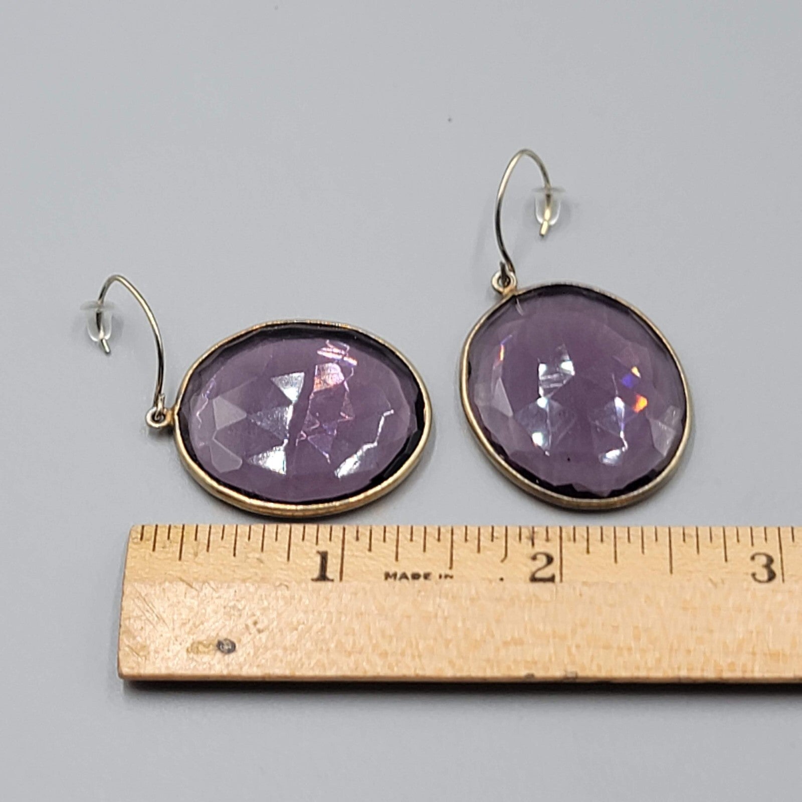 Pierced Earrings Gold tone Large Purple Faceted Glass Oval Dangle 1 3/8"