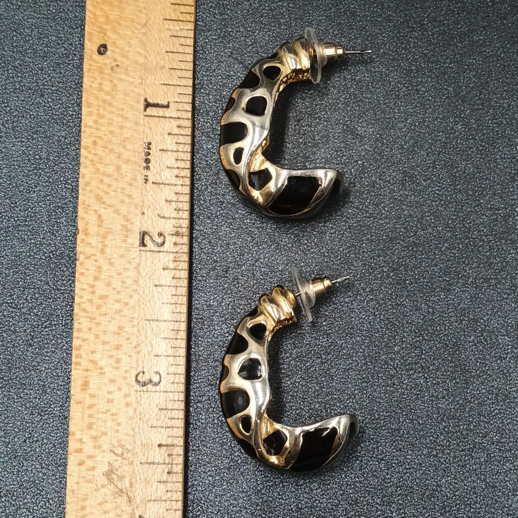 Pierced Earrings Gold tone Black Enamel Oblong Half Hoop Heavy Drop 1 1/4"