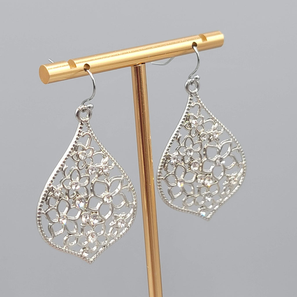 Crystal Flower Open Work Pierced Earrings Silver tone Dangle  1.75 in