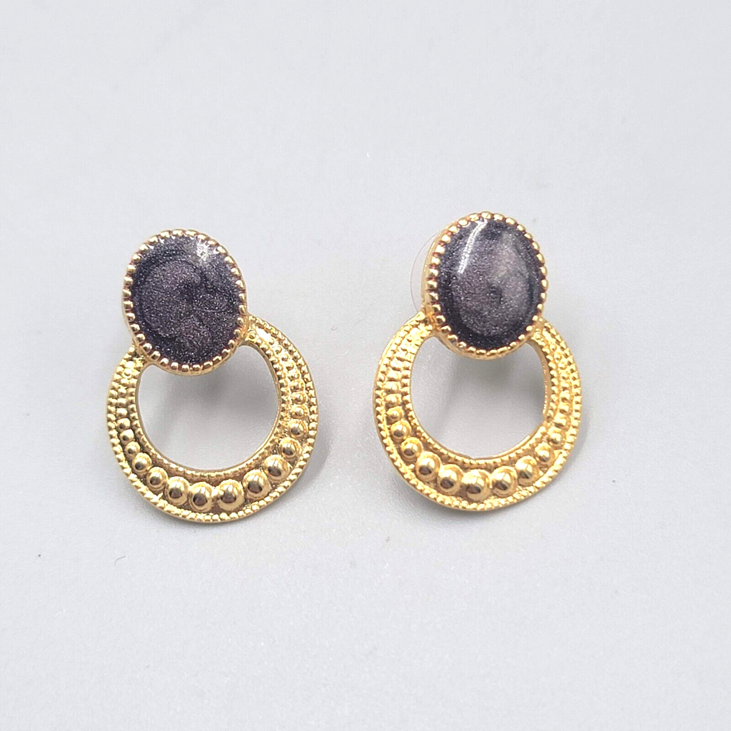 Gold tone Dark Gray Enamel Pierced Earrings Drop 1"