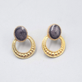 Gold tone Dark Gray Enamel Pierced Earrings Drop 1"