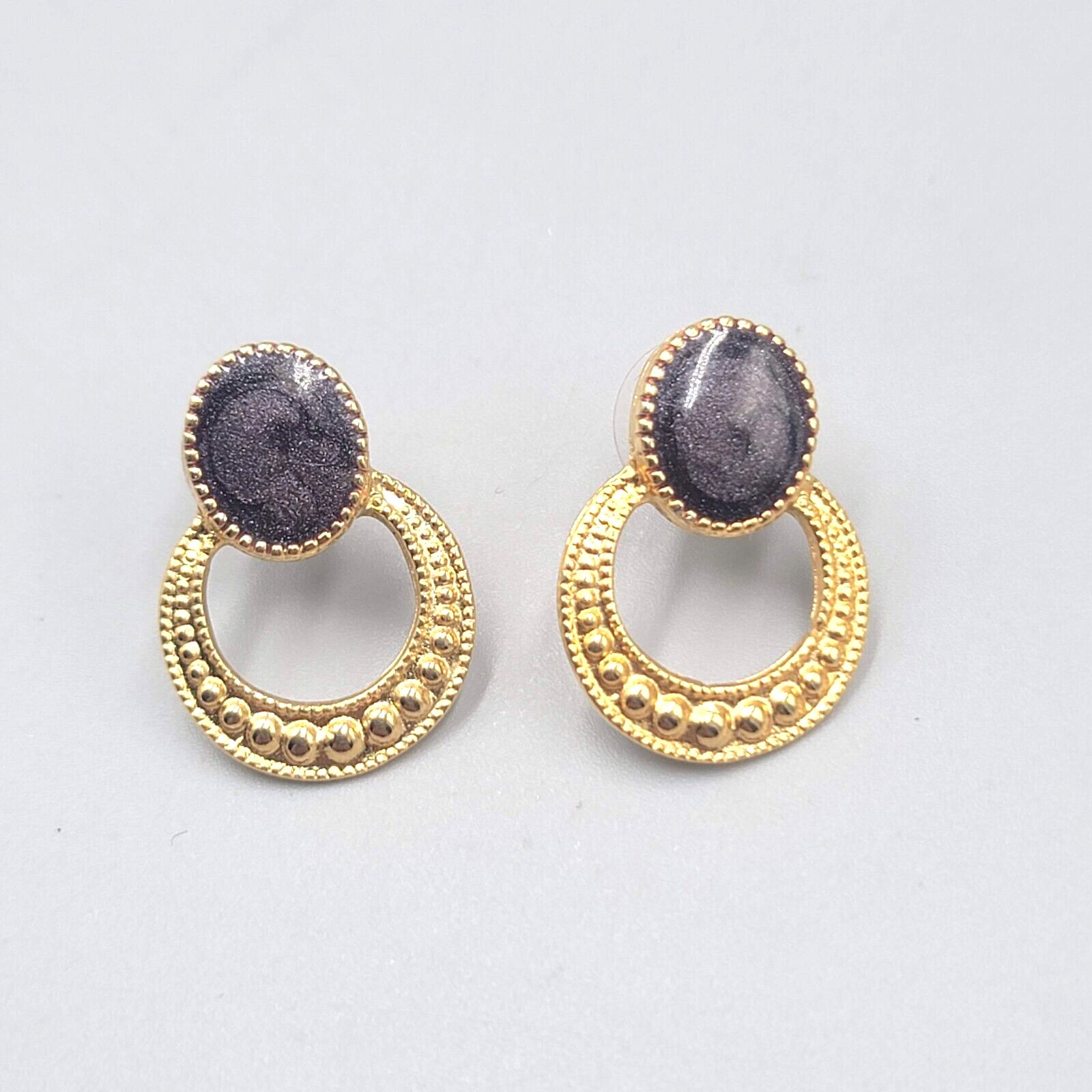 Gold tone Dark Gray Enamel Pierced Earrings Drop 1"