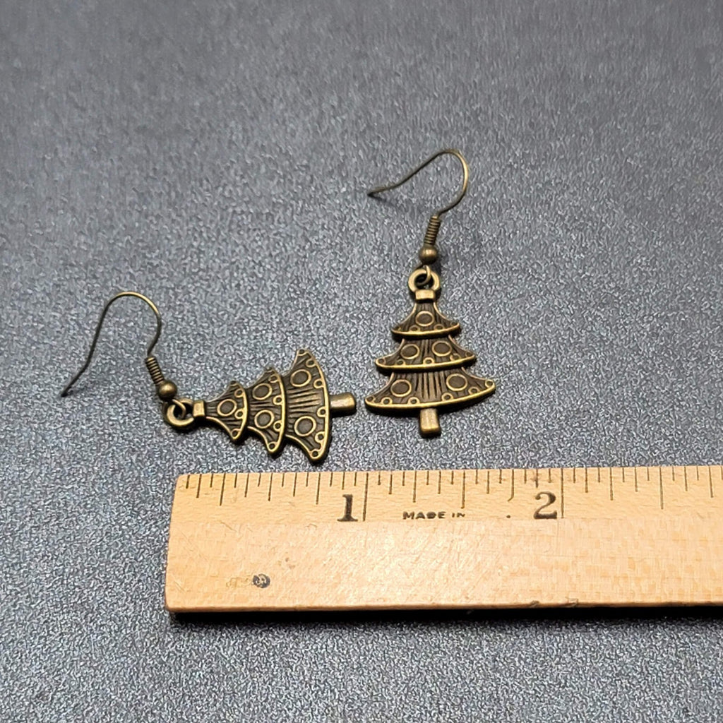 New Christmas Tree Pierced Earrings Embossed Bronze tone Dangle 1"
